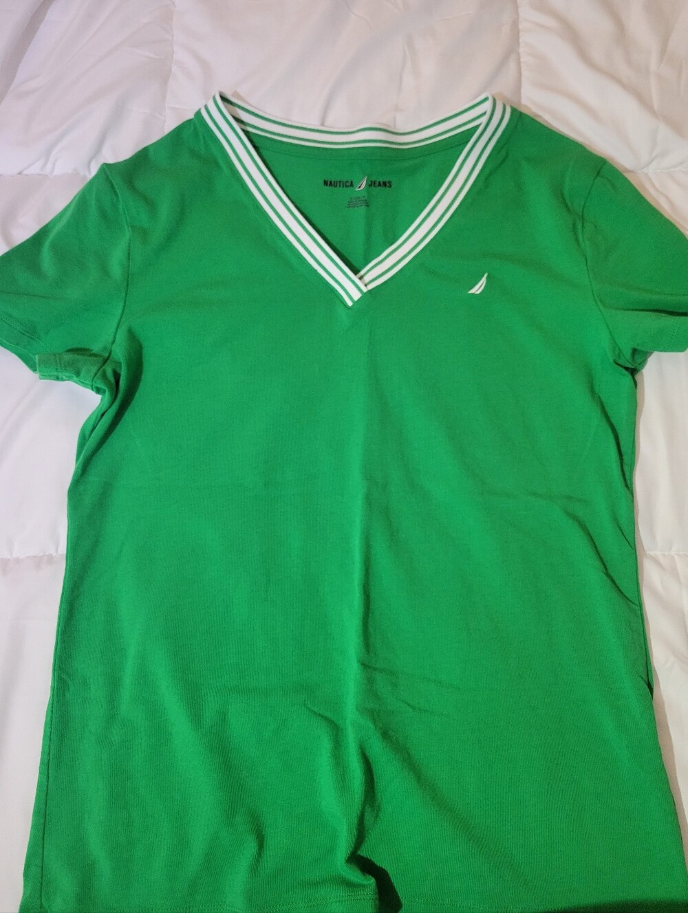 Nautica Green V-Neck Short Sleeve Tee with White Trim